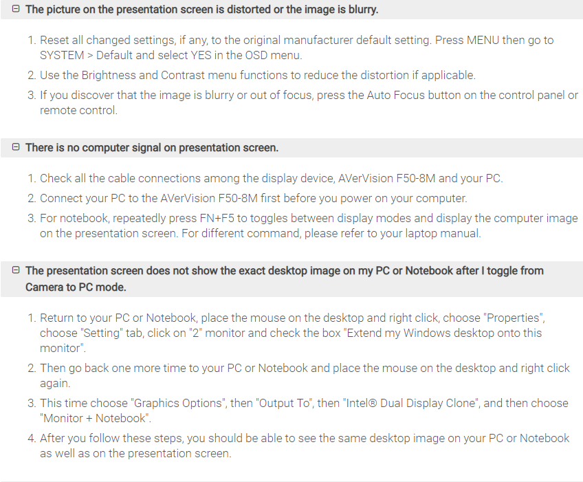 F508M Document Camera Troubleshooting